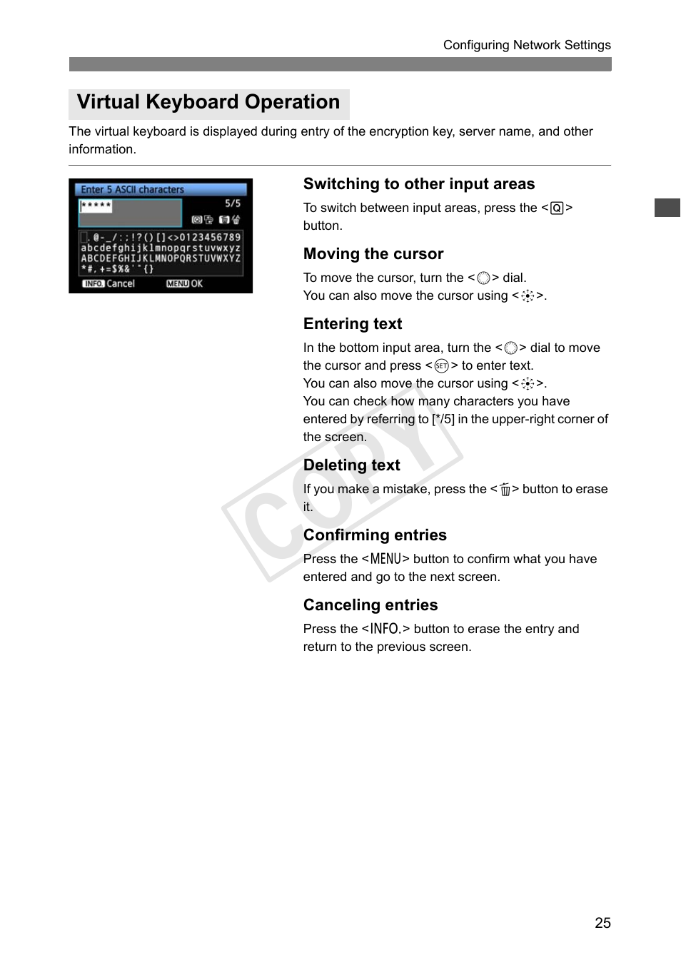 Virtual keyboard operation, Cop y | Canon Wireless Transmitter WFT-E6A User Manual | Page 25 / 126