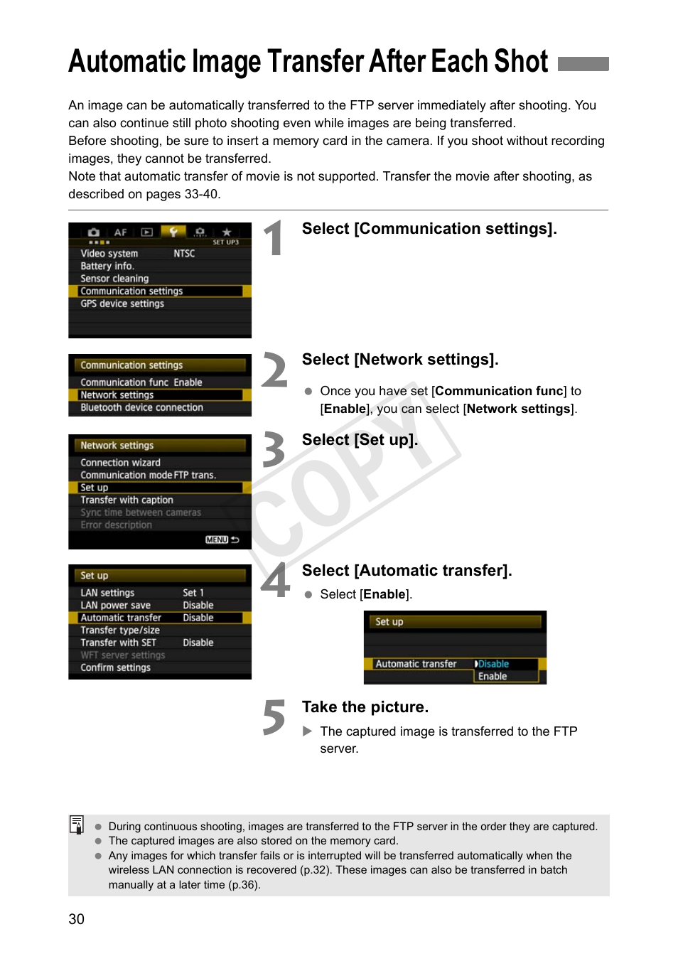 Automatic image transfer after each shot, Cop y | Canon Wireless Transmitter WFT-E6A User Manual | Page 30 / 126