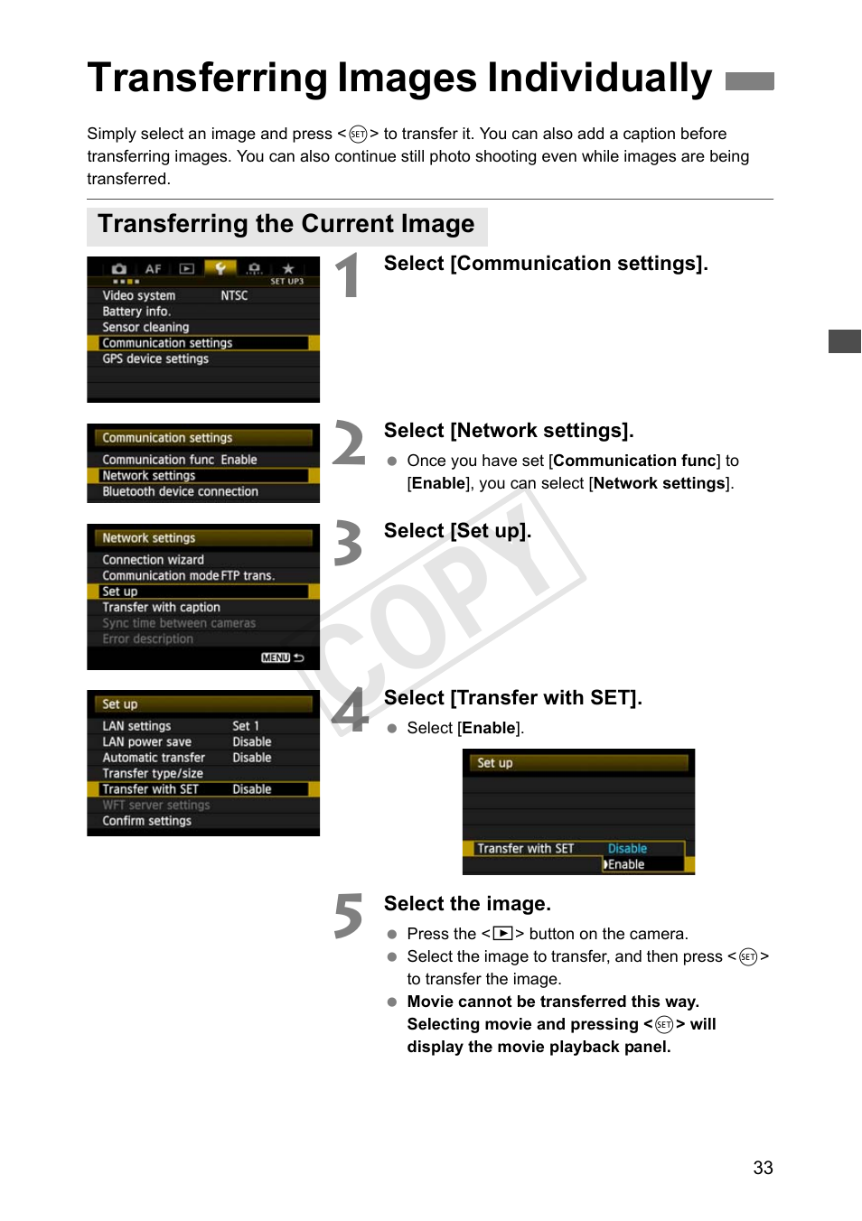 Transferring images individually, Transferring the current image, Cop y | Canon Wireless Transmitter WFT-E6A User Manual | Page 33 / 126