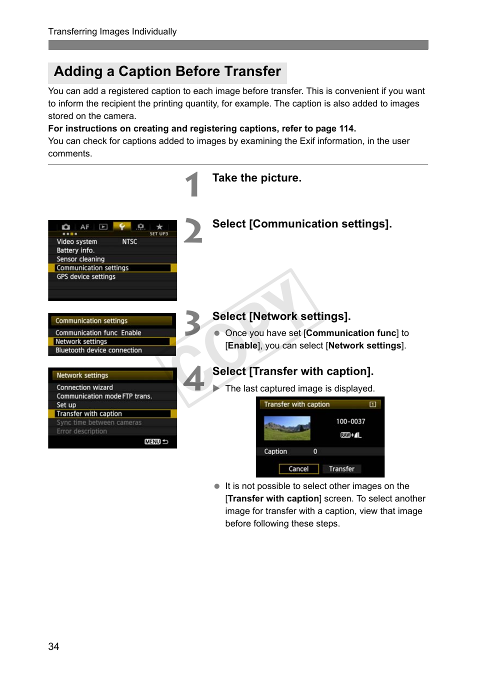 Adding a caption before transfer, Cop y | Canon Wireless Transmitter WFT-E6A User Manual | Page 34 / 126