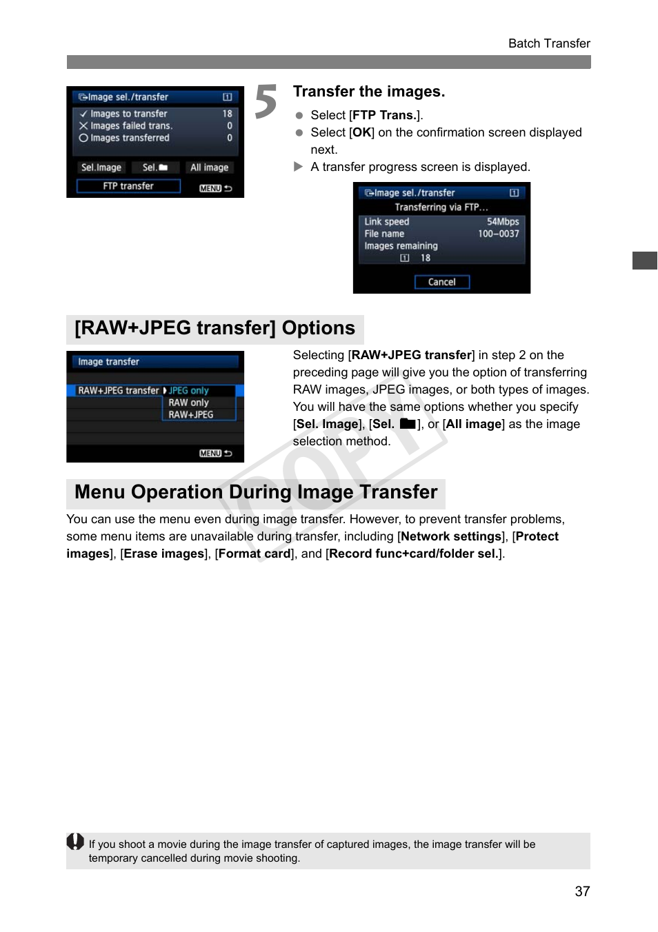 Raw+jpeg transfer] options, Menu operation during image transfer, Cop y | Canon Wireless Transmitter WFT-E6A User Manual | Page 37 / 126