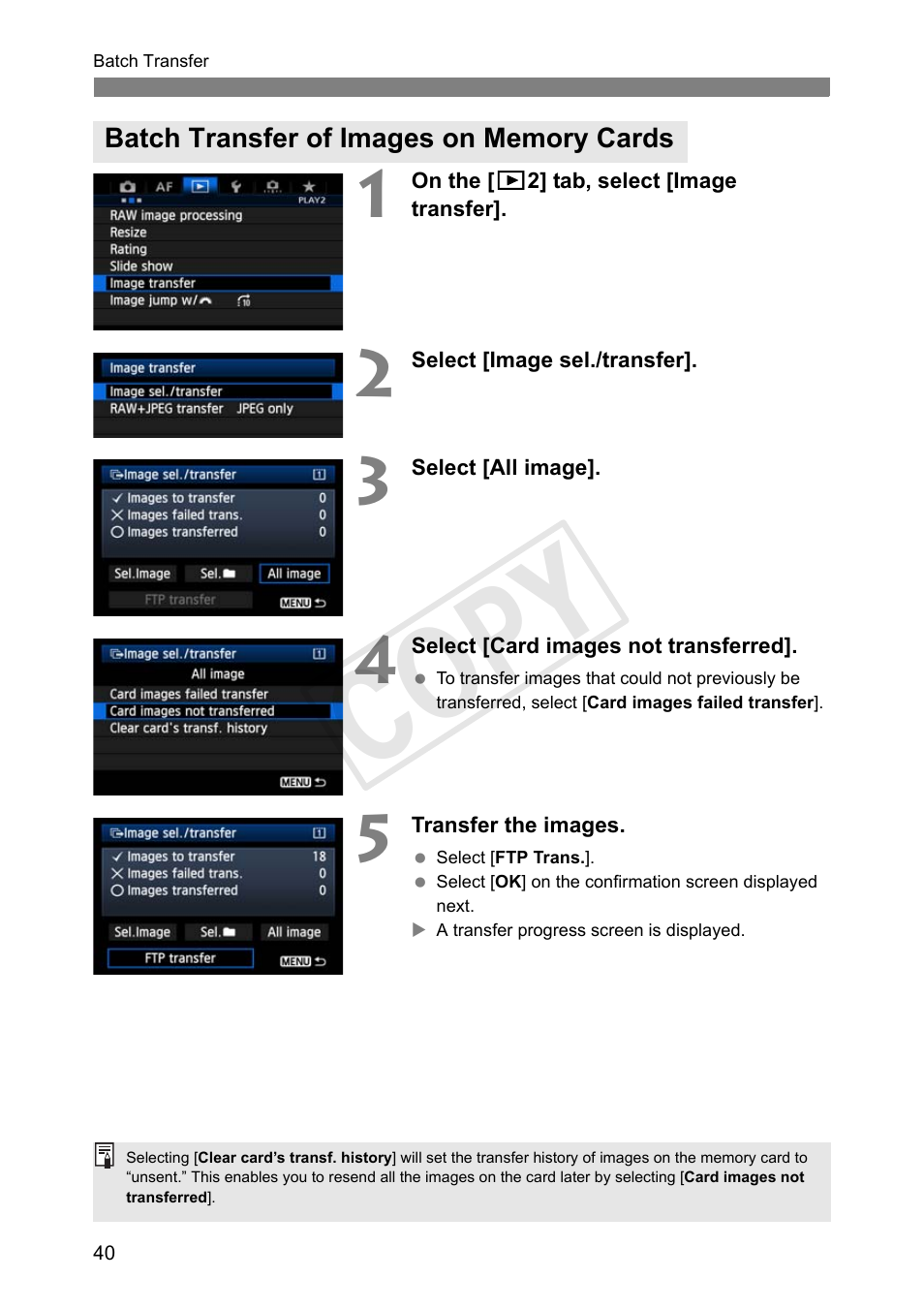 Batch transfer of images on memory cards, Cop y | Canon Wireless Transmitter WFT-E6A User Manual | Page 40 / 126