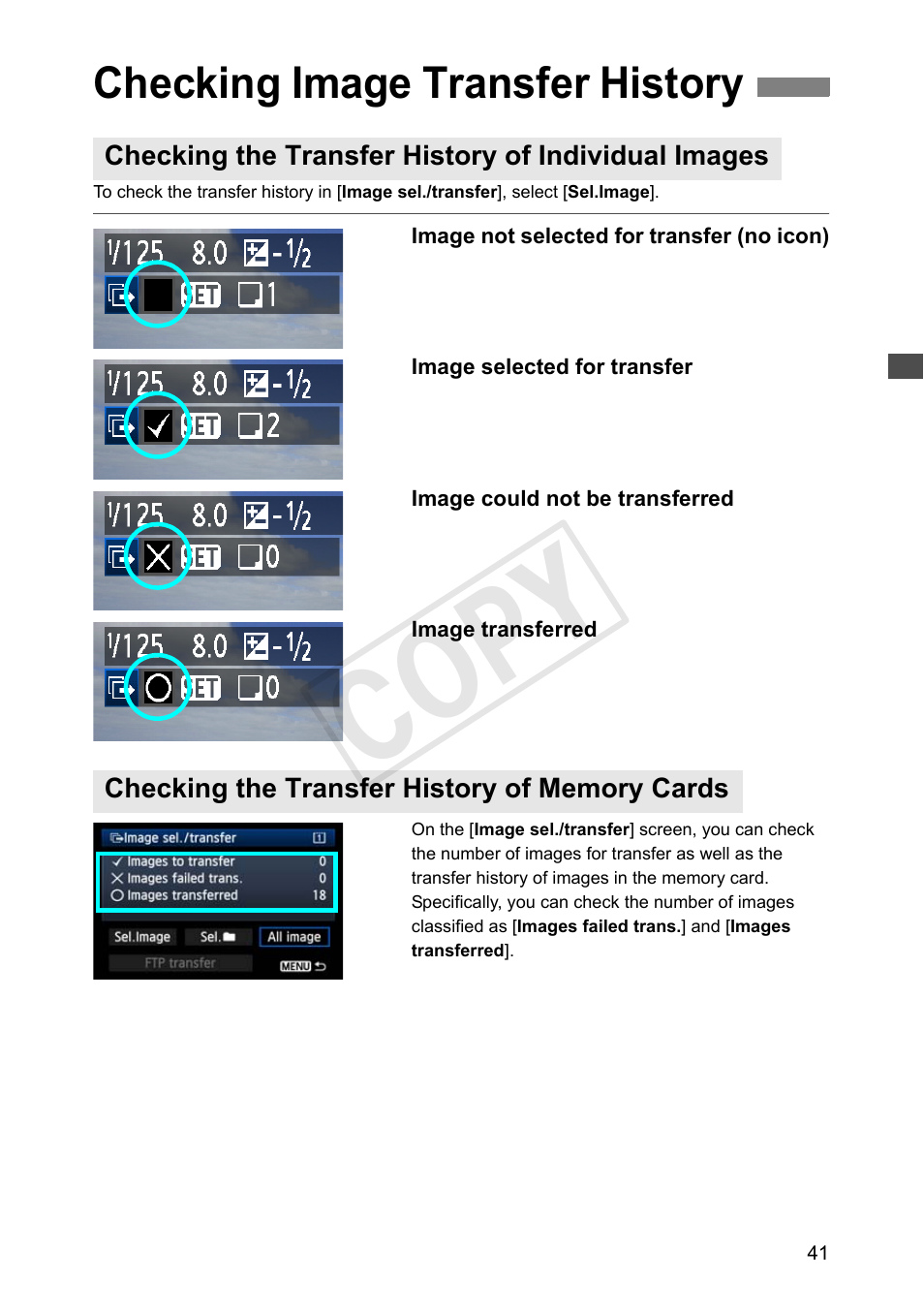 Checking image transfer history, Checking the transfer history of individual images, Checking the transfer history of memory cards | Cop y | Canon Wireless Transmitter WFT-E6A User Manual | Page 41 / 126