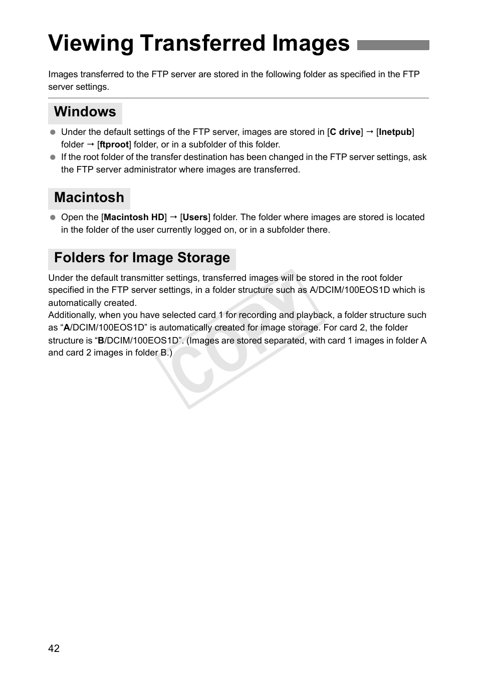 Viewing transferred images, Windows, Macintosh | Folders for image storage, Cop y | Canon Wireless Transmitter WFT-E6A User Manual | Page 42 / 126