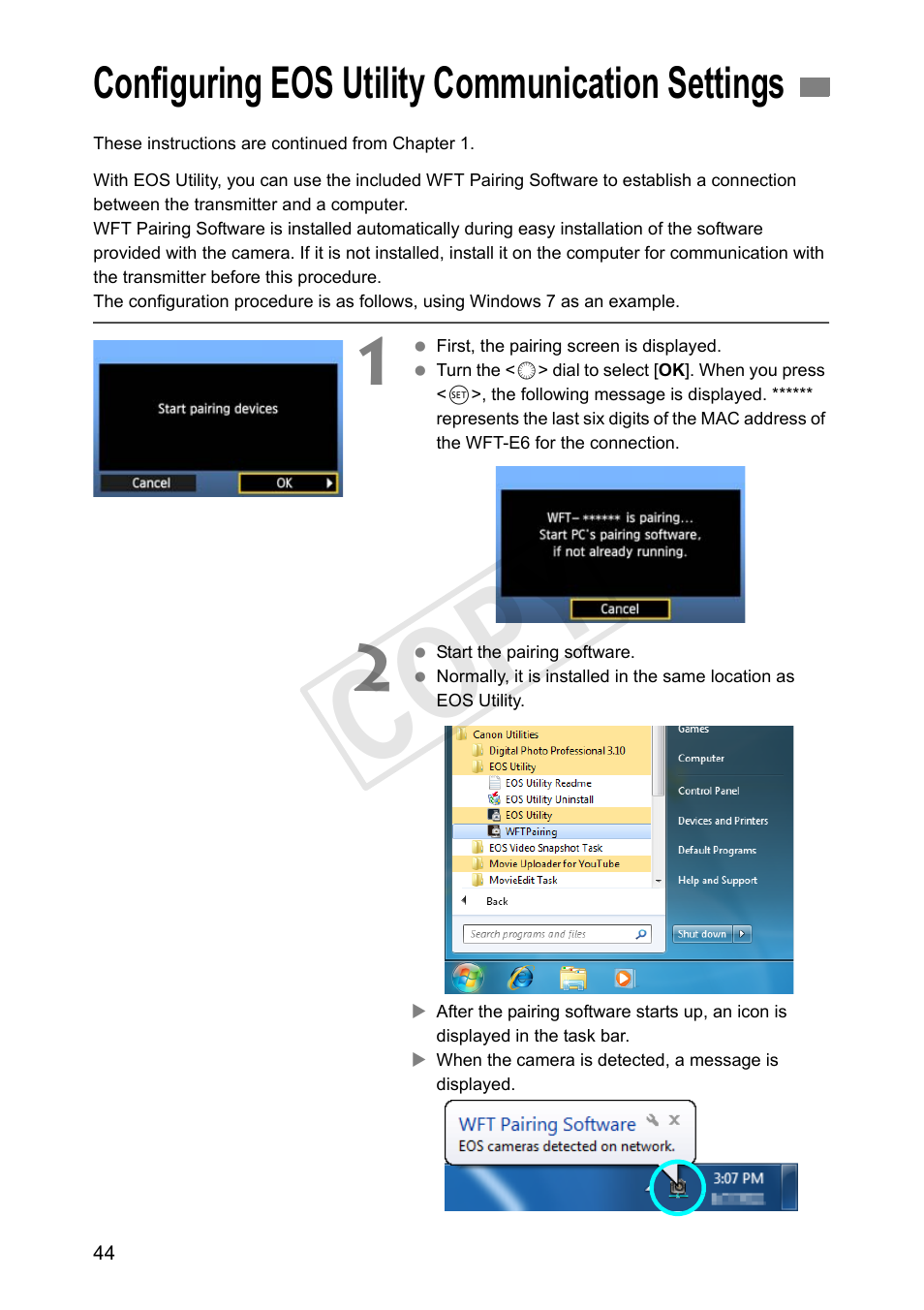 Configuring eos utility communication settings, Age 44 may not, Cop y | Canon Wireless Transmitter WFT-E6A User Manual | Page 44 / 126