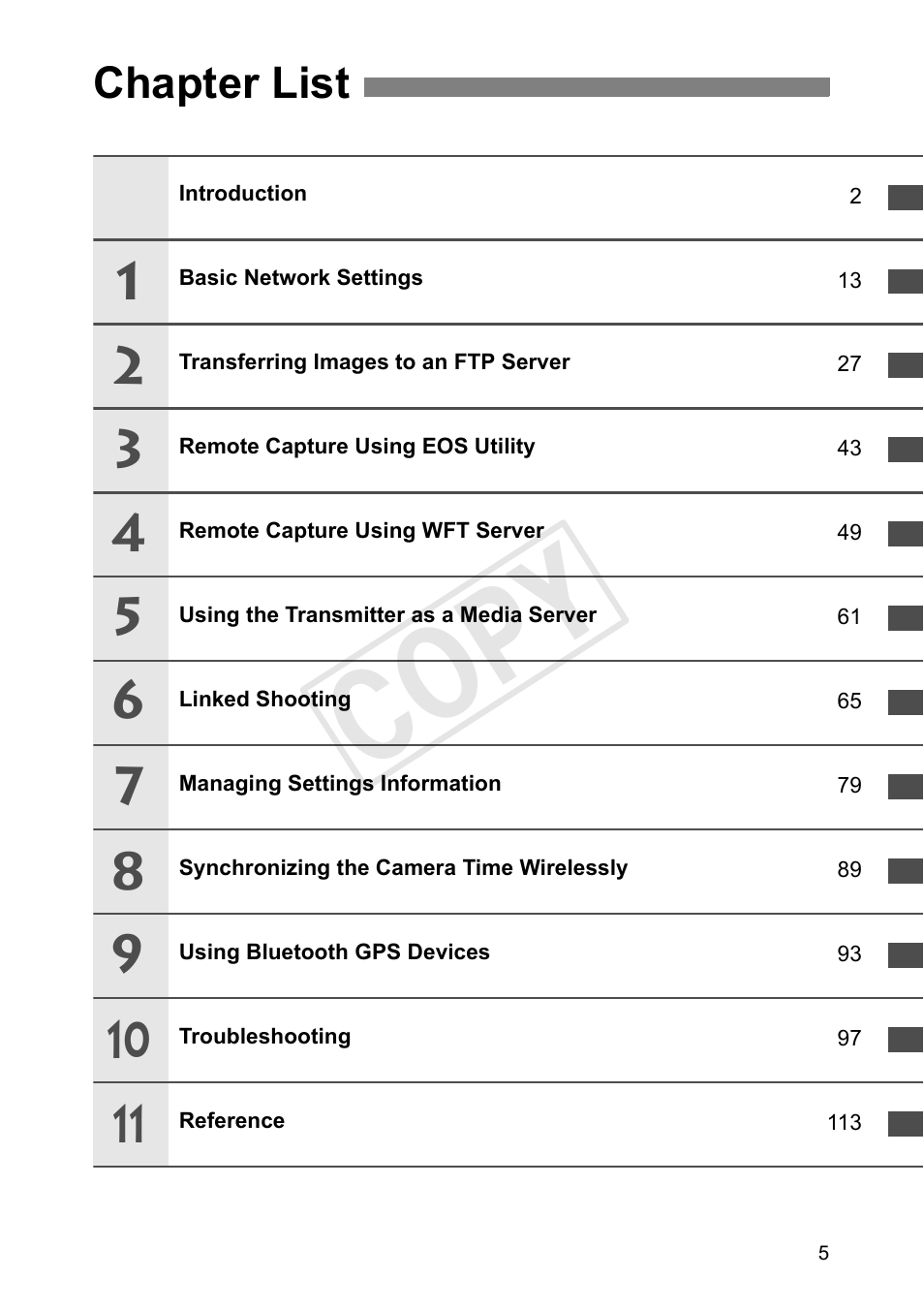 Chapter list, Cop y | Canon Wireless Transmitter WFT-E6A User Manual | Page 5 / 126