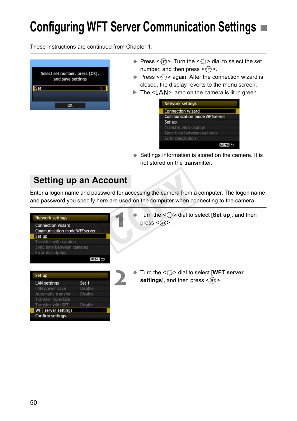 Configuring wft server communication settings, Setting up an account, Cop y | Canon Wireless Transmitter WFT-E6A User Manual | Page 50 / 126