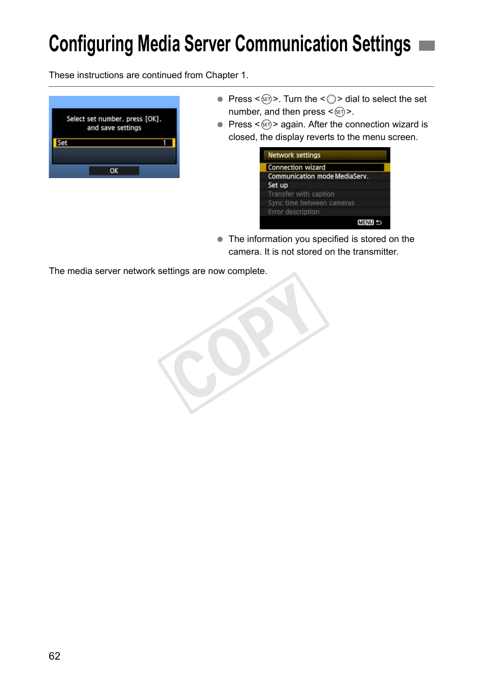 Configuring media server communication settings, Cop y | Canon Wireless Transmitter WFT-E6A User Manual | Page 62 / 126