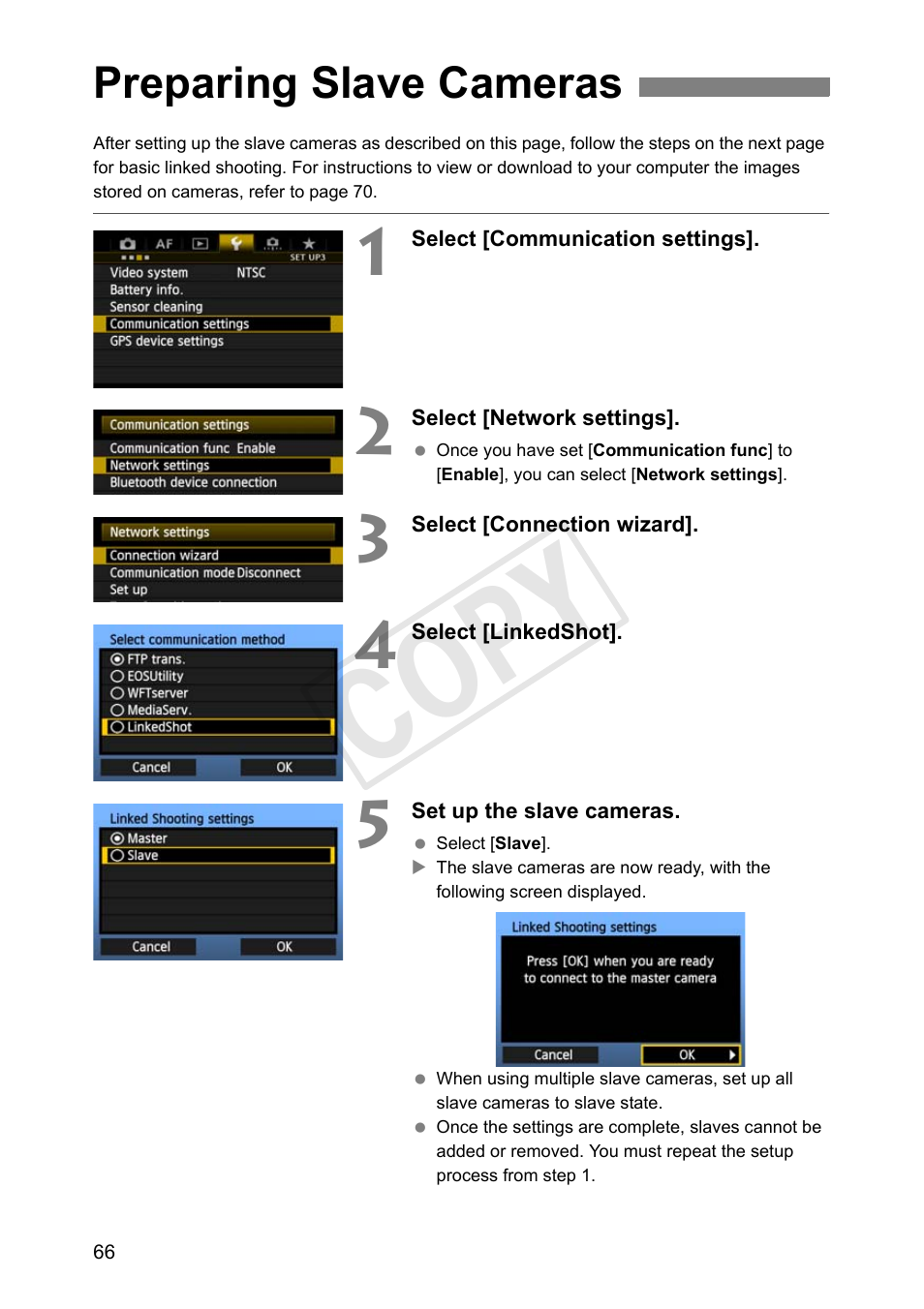 Preparing slave cameras, Cop y | Canon Wireless Transmitter WFT-E6A User Manual | Page 66 / 126