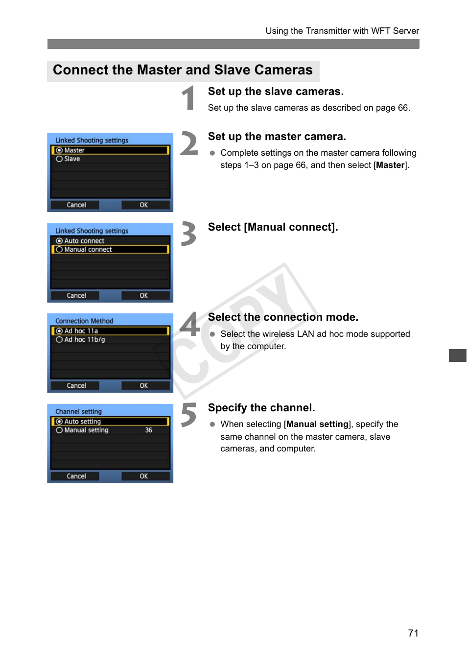 Connect the master and slave cameras, Cop y | Canon Wireless Transmitter WFT-E6A User Manual | Page 71 / 126