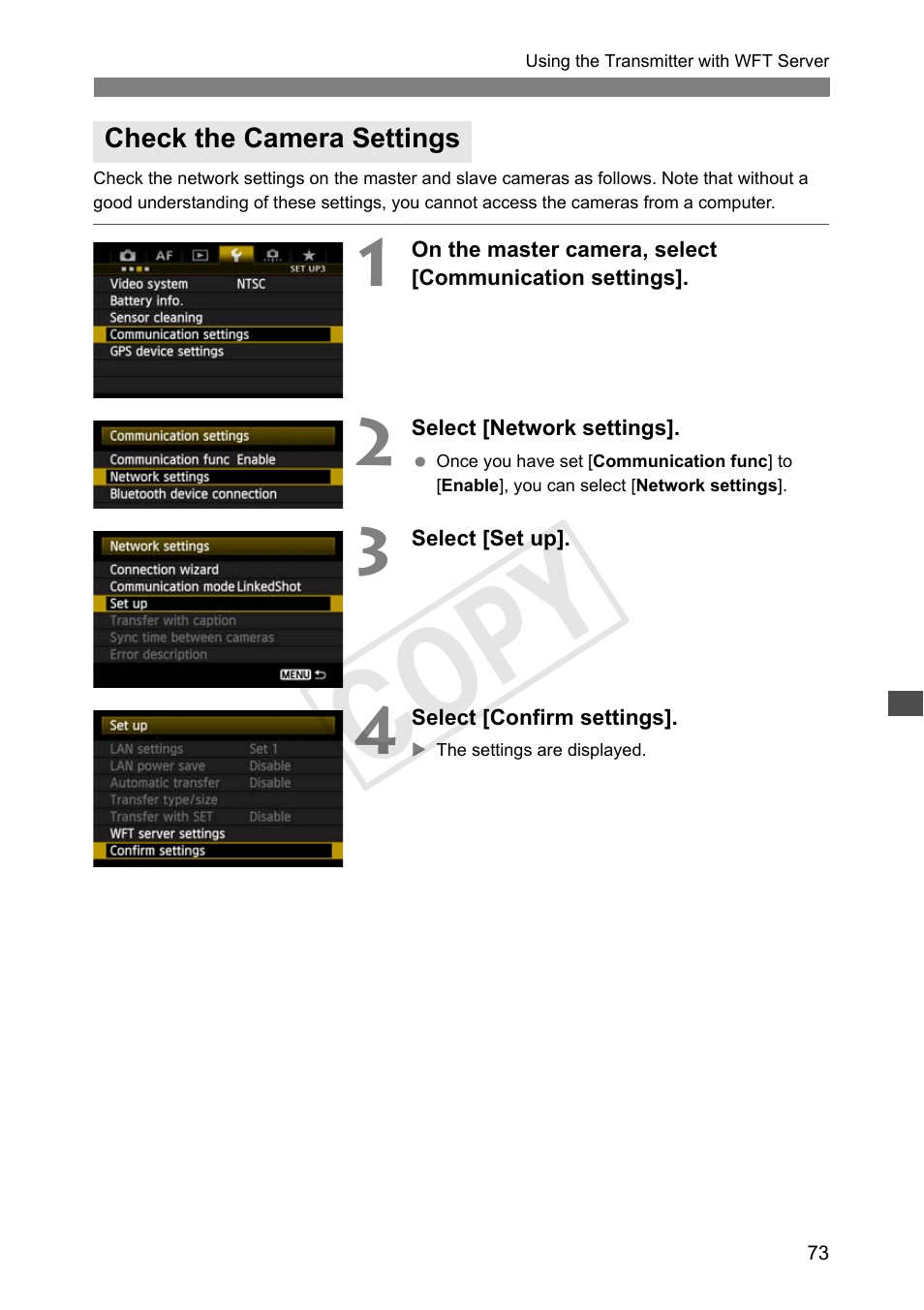 Check the camera settings, Cop y | Canon Wireless Transmitter WFT-E6A User Manual | Page 73 / 126