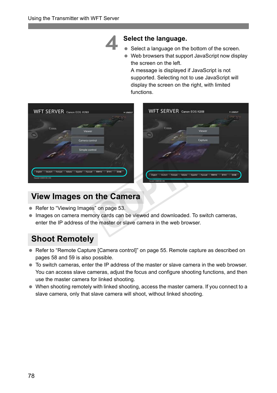 View images on the camera, Shoot remotely, Cop y | Canon Wireless Transmitter WFT-E6A User Manual | Page 78 / 126