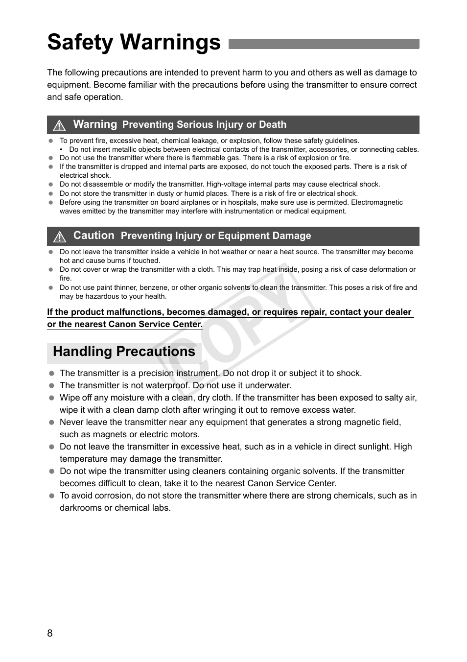 Safety warnings, Handling precautions, Cop y | Canon Wireless Transmitter WFT-E6A User Manual | Page 8 / 126