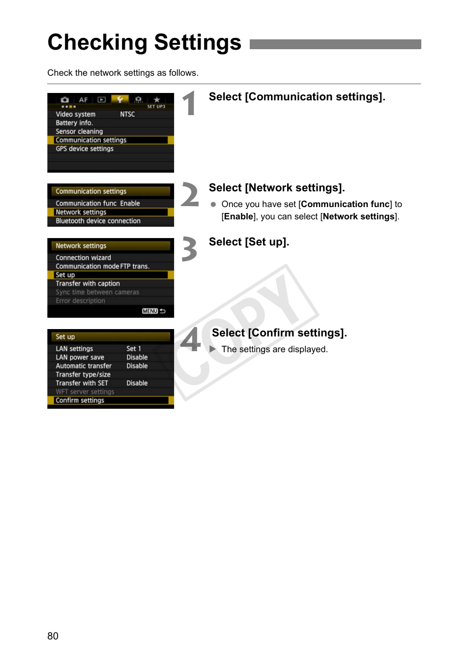 Checking settings, Cop y | Canon Wireless Transmitter WFT-E6A User Manual | Page 80 / 126
