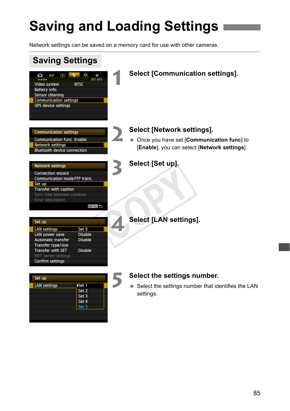 Saving and loading settings, Saving settings, Cop y | Canon Wireless Transmitter WFT-E6A User Manual | Page 85 / 126