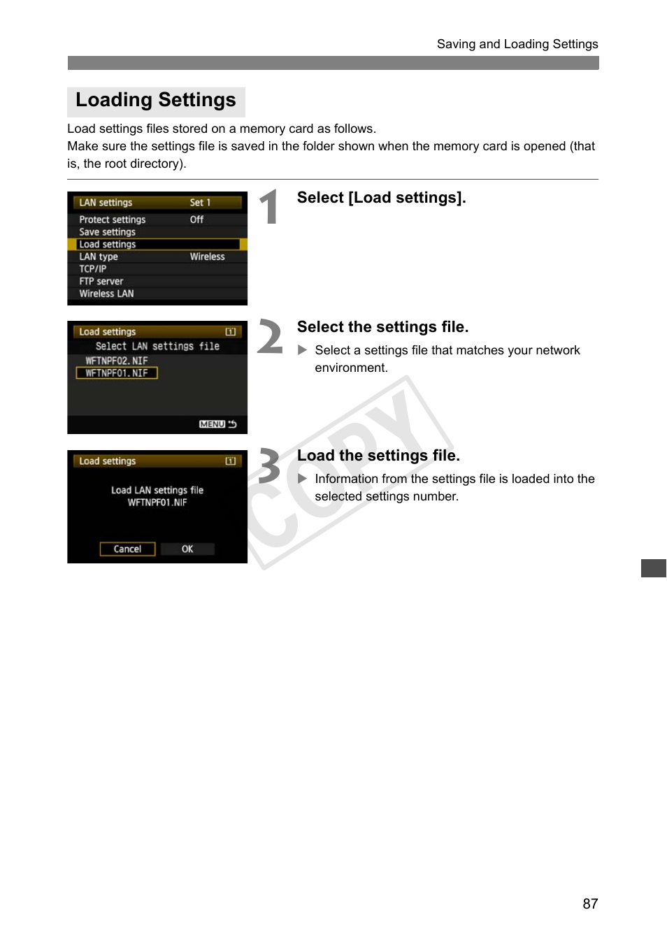 Loading settings, Cop y | Canon Wireless Transmitter WFT-E6A User Manual | Page 87 / 126