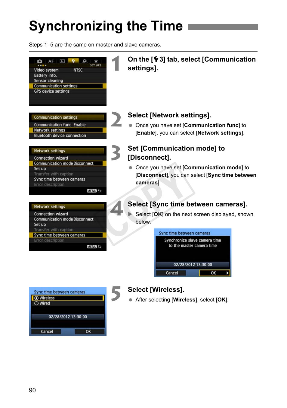 Synchronizing the time, Cop y | Canon Wireless Transmitter WFT-E6A User Manual | Page 90 / 126