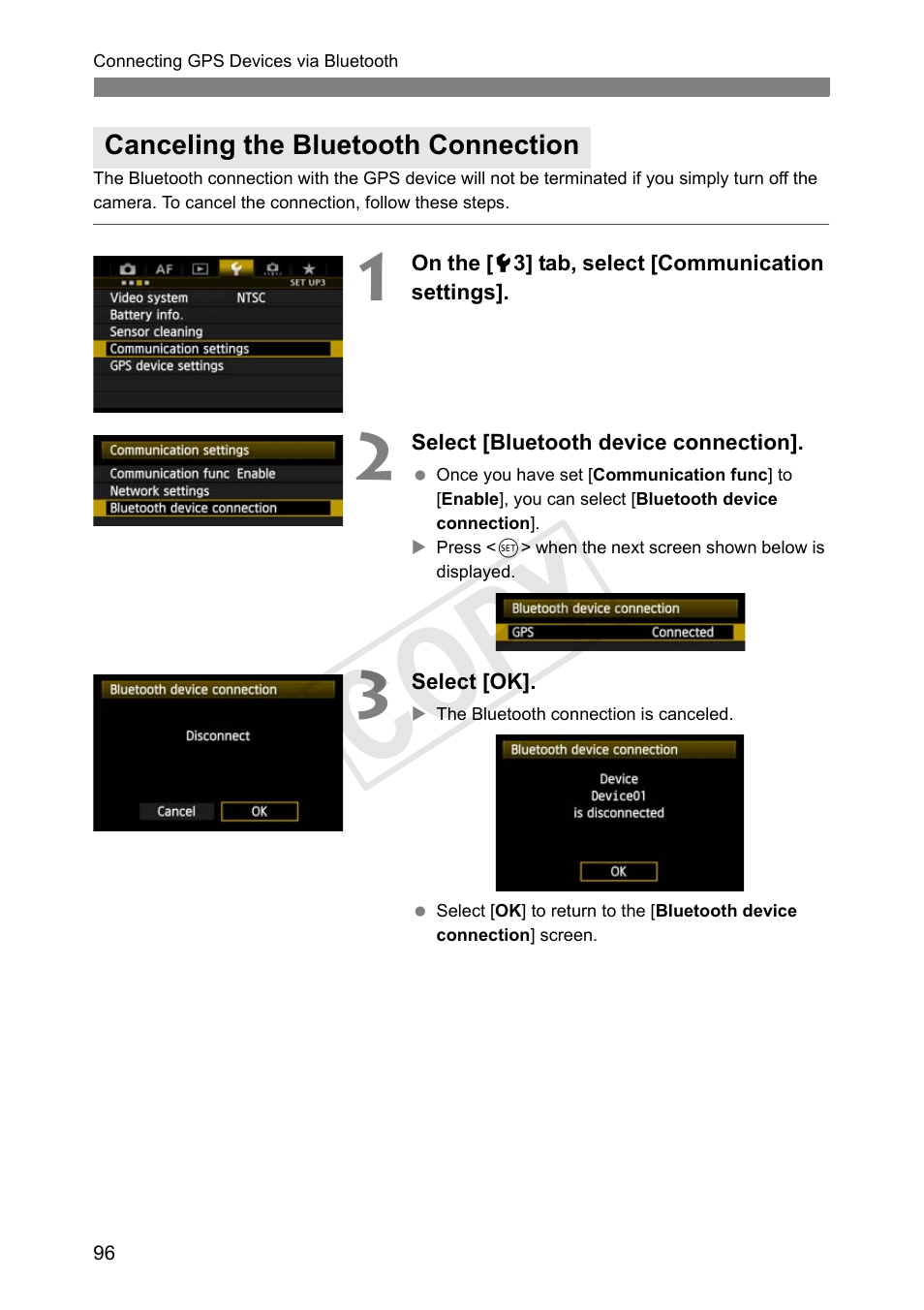 Canceling the bluetooth connection, Cop y | Canon Wireless Transmitter WFT-E6A User Manual | Page 96 / 126
