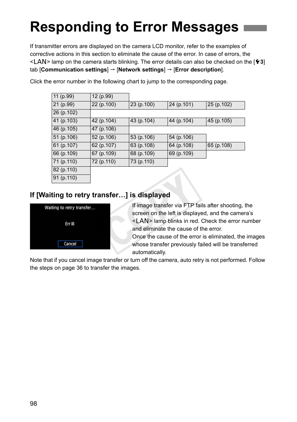 Responding to error messages, Cop y | Canon Wireless Transmitter WFT-E6A User Manual | Page 98 / 126