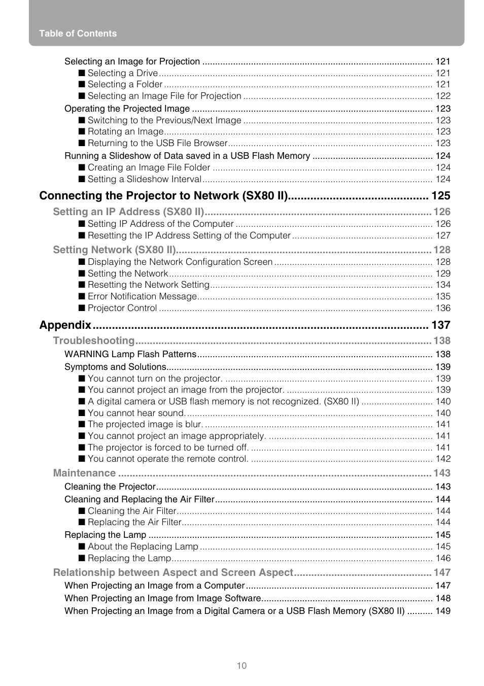 Connecting the projector to network (sx80 ii), Appendix | Canon REALiS SX80 Mark II D User Manual | Page 10 / 168