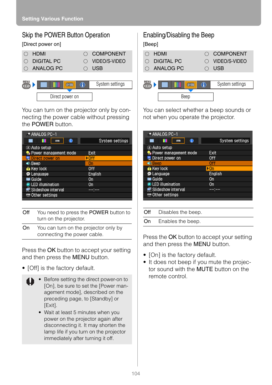 Skip the power button operation, Enabling/disabling the beep, P104 | Tton | Canon REALiS SX80 Mark II D User Manual | Page 104 / 168