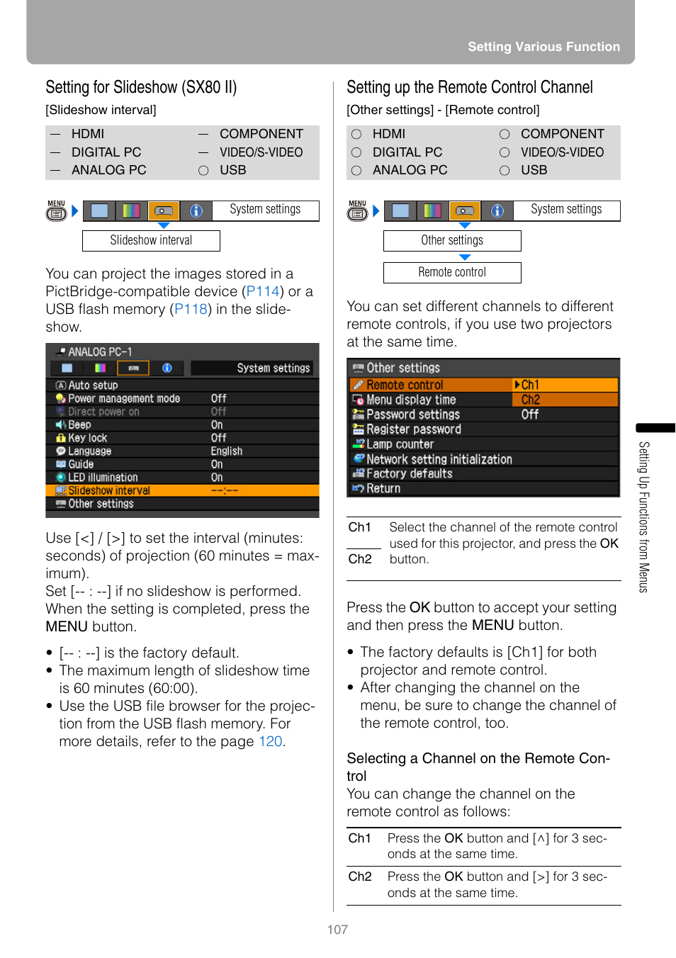 Setting for slideshow (sx80 ii), Setting up the remote control channel, P107 | Canon REALiS SX80 Mark II D User Manual | Page 107 / 168