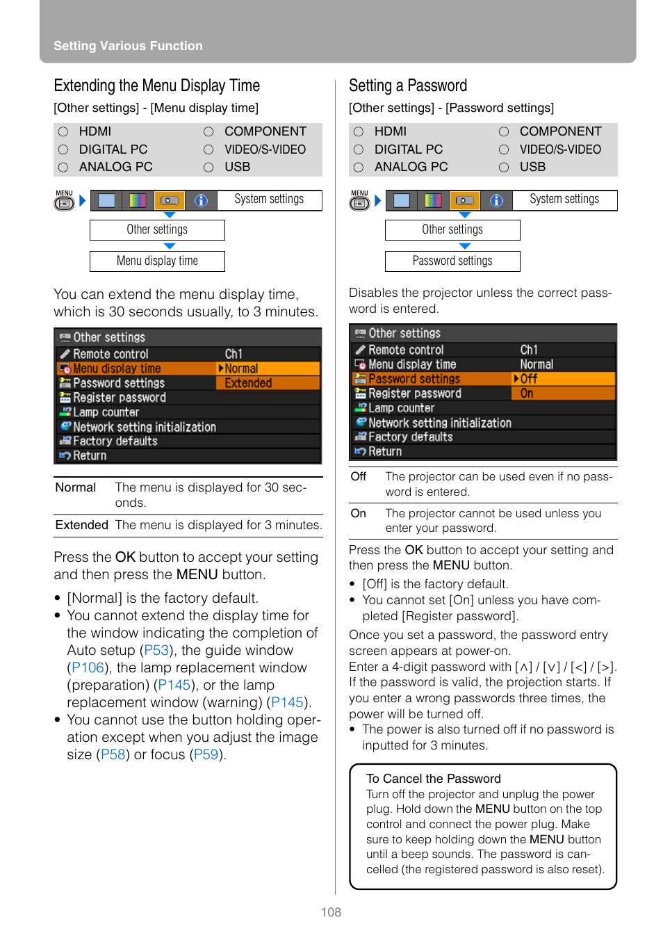 Extending the menu display time, Setting a password, P108 | Canon REALiS SX80 Mark II D User Manual | Page 108 / 168