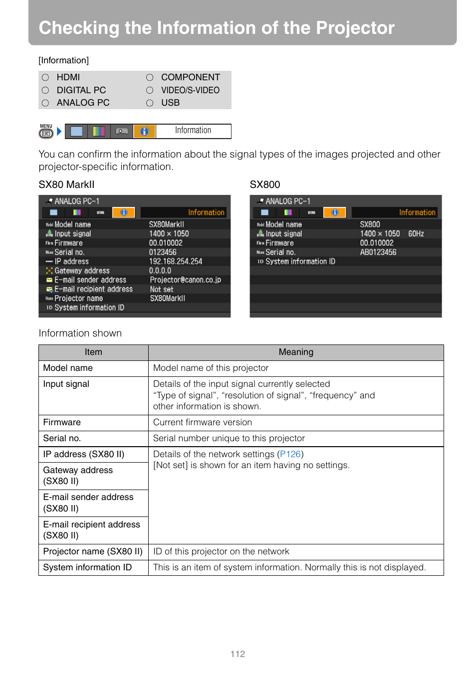 Checking the information of the projector, P112 | Canon REALiS SX80 Mark II D User Manual | Page 112 / 168