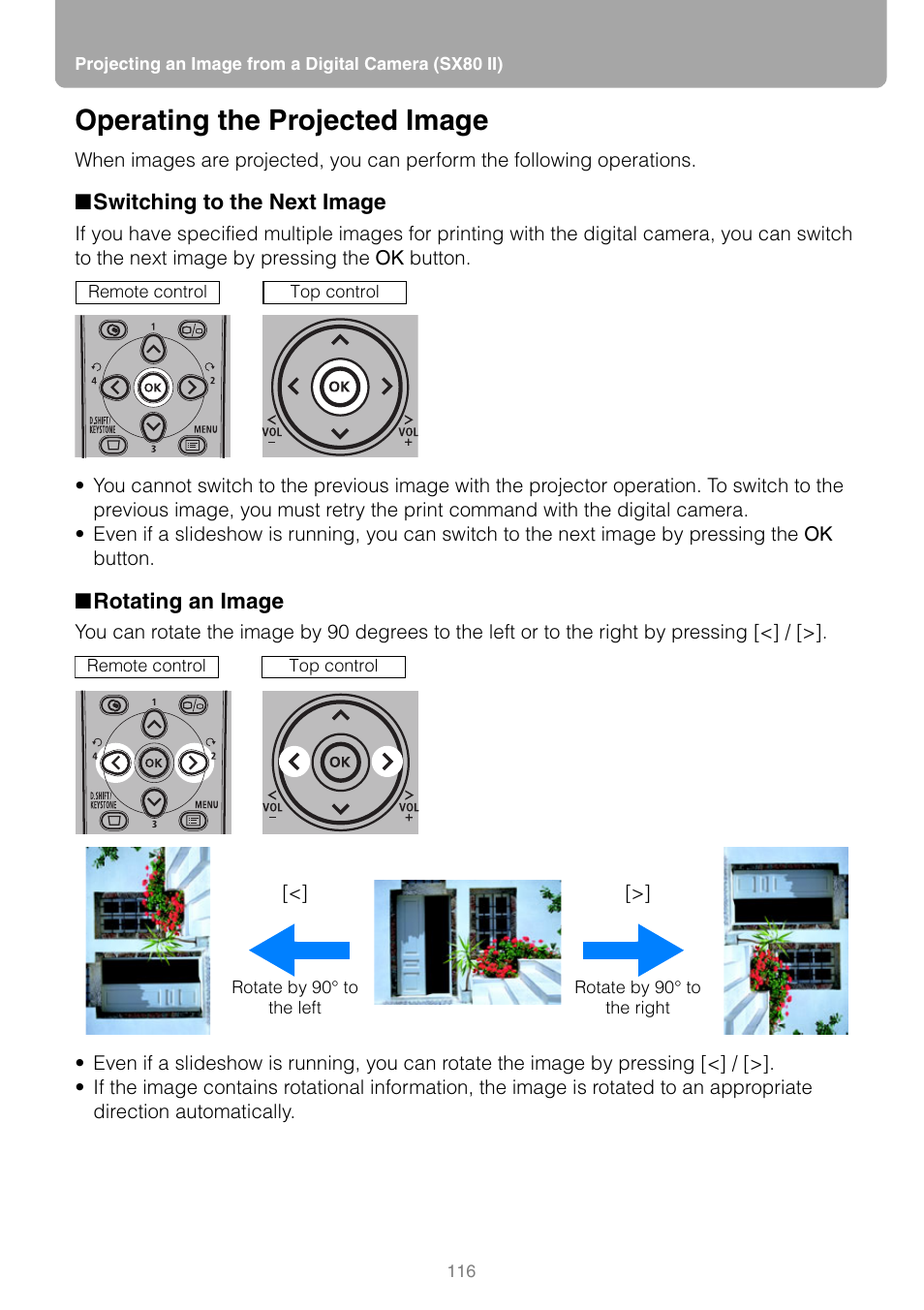 Operating the projected image, Switching to the next image, Rotating an image | Canon REALiS SX80 Mark II D User Manual | Page 116 / 168