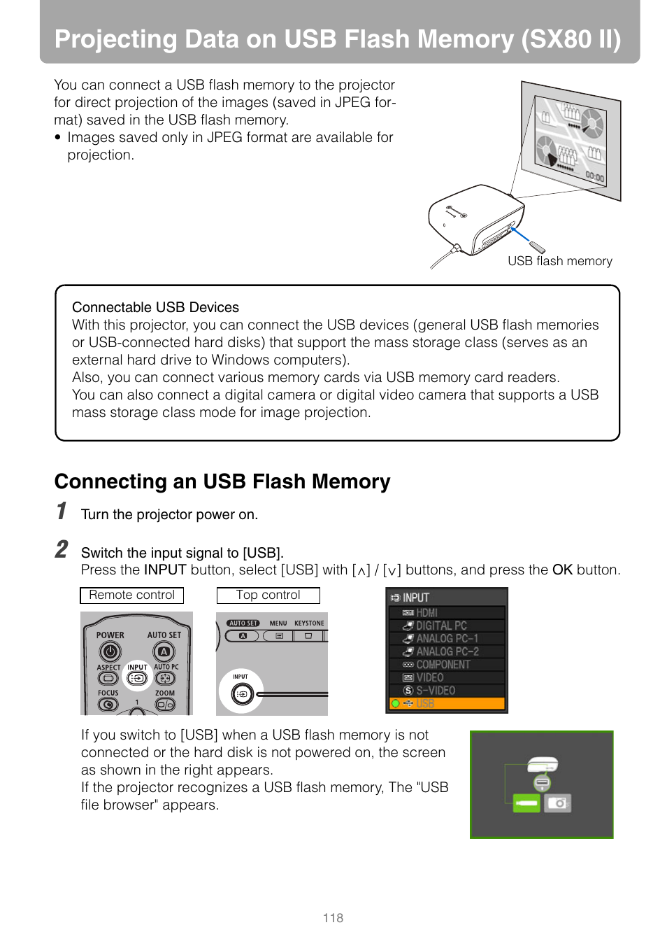 Projecting data on usb flash memory (sx80 ii), Connecting an usb flash memory, P118 | Or "project, Ing data on usb flash memory (sx80 ii), In th | Canon REALiS SX80 Mark II D User Manual | Page 118 / 168