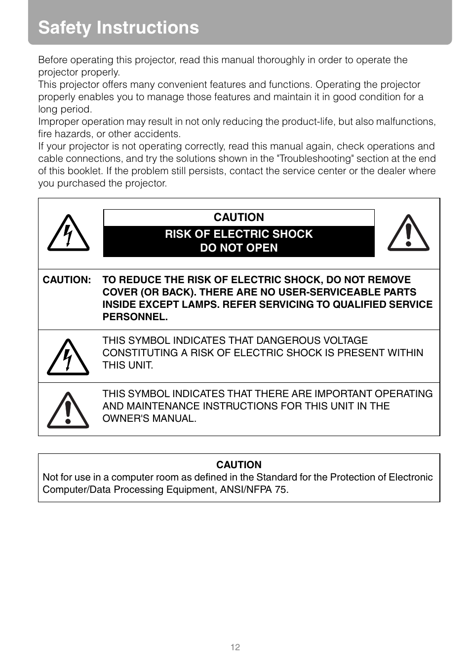 Safety instructions | Canon REALiS SX80 Mark II D User Manual | Page 12 / 168