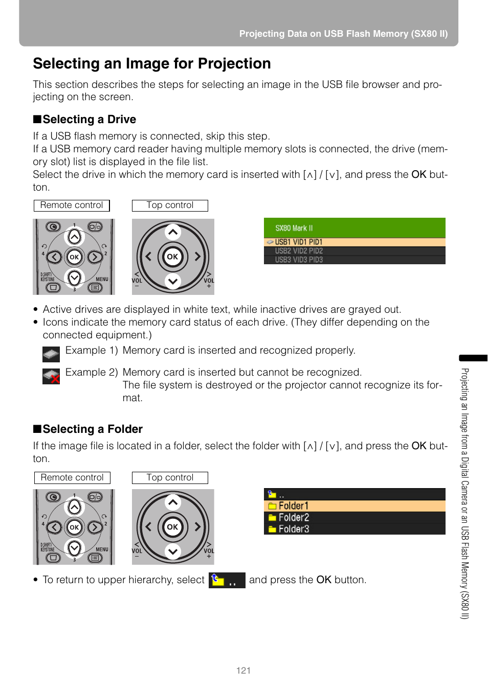 Selecting an image for projection, Selecting a drive, Selecting a folder | Canon REALiS SX80 Mark II D User Manual | Page 121 / 168