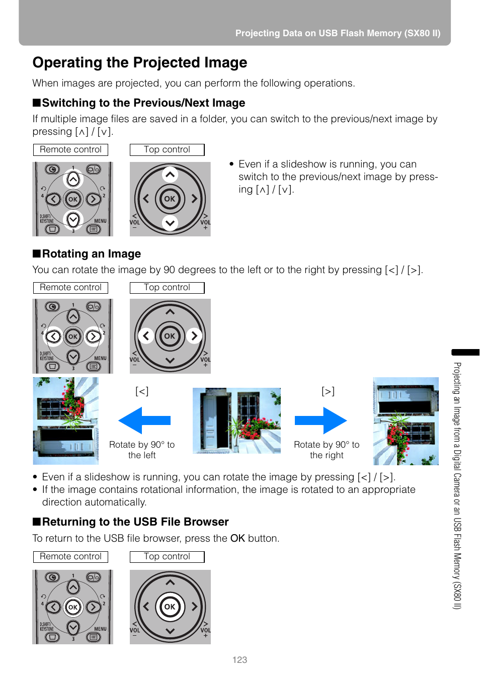 Operating the projected image, Switching to the previous/next image, Rotating an image | Returning to the usb file browser | Canon REALiS SX80 Mark II D User Manual | Page 123 / 168