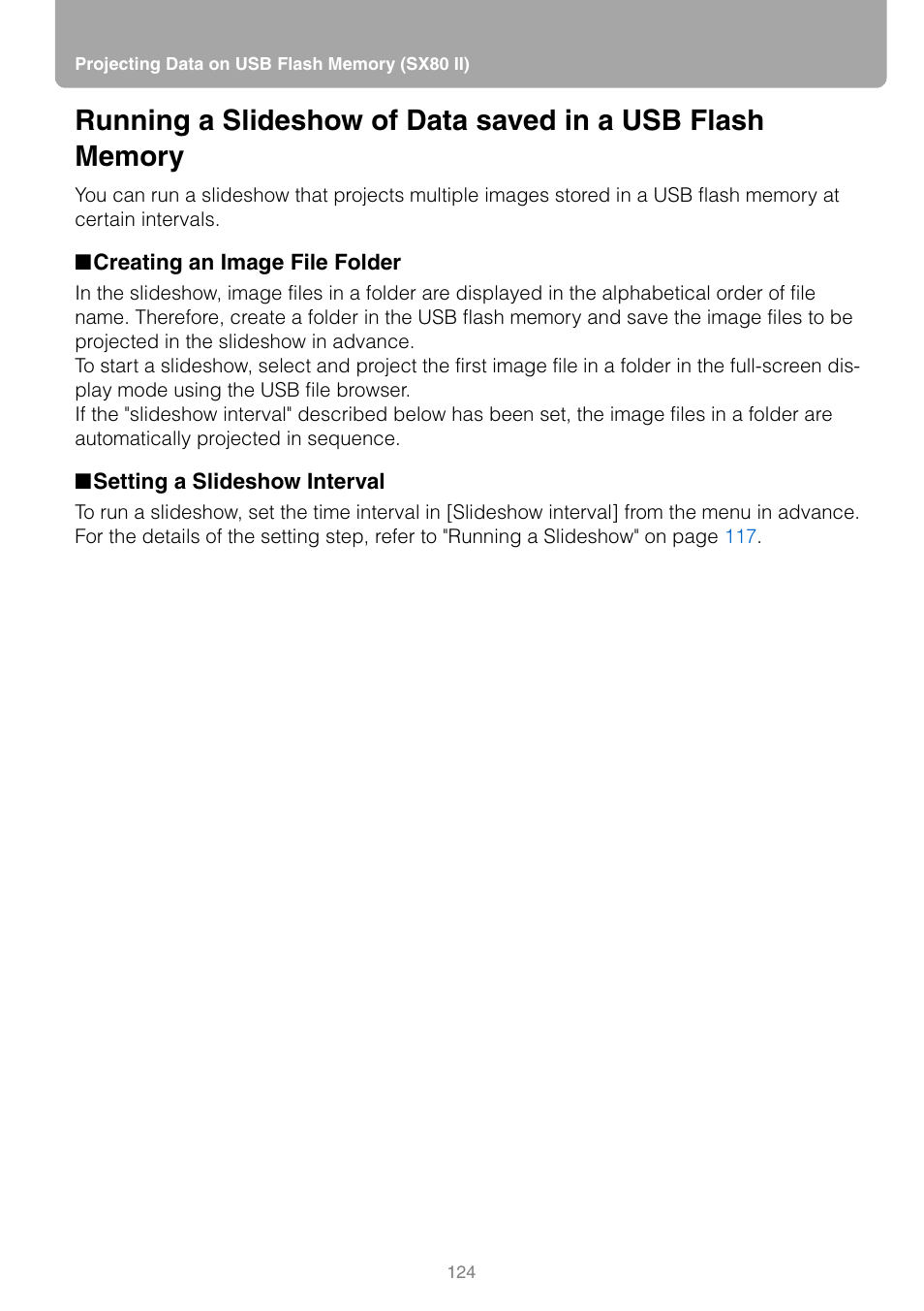 Creating an image file folder, Setting a slideshow interval, P124 | Canon REALiS SX80 Mark II D User Manual | Page 124 / 168