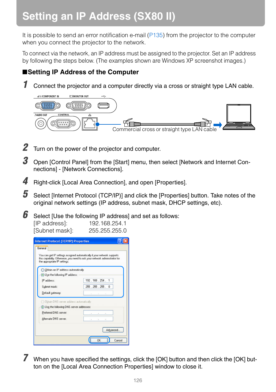 Setting an ip address (sx80 ii), Setting ip address of the computer, Sx80 ii) | P126 | Canon REALiS SX80 Mark II D User Manual | Page 126 / 168