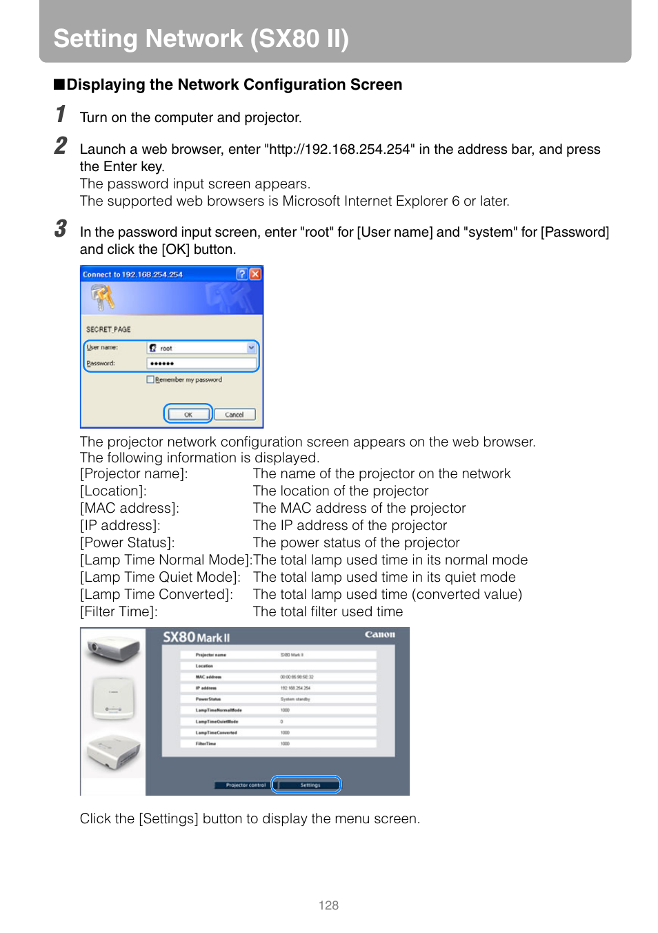 Setting network (sx80 ii), Displaying the network configuration screen | Canon REALiS SX80 Mark II D User Manual | Page 128 / 168