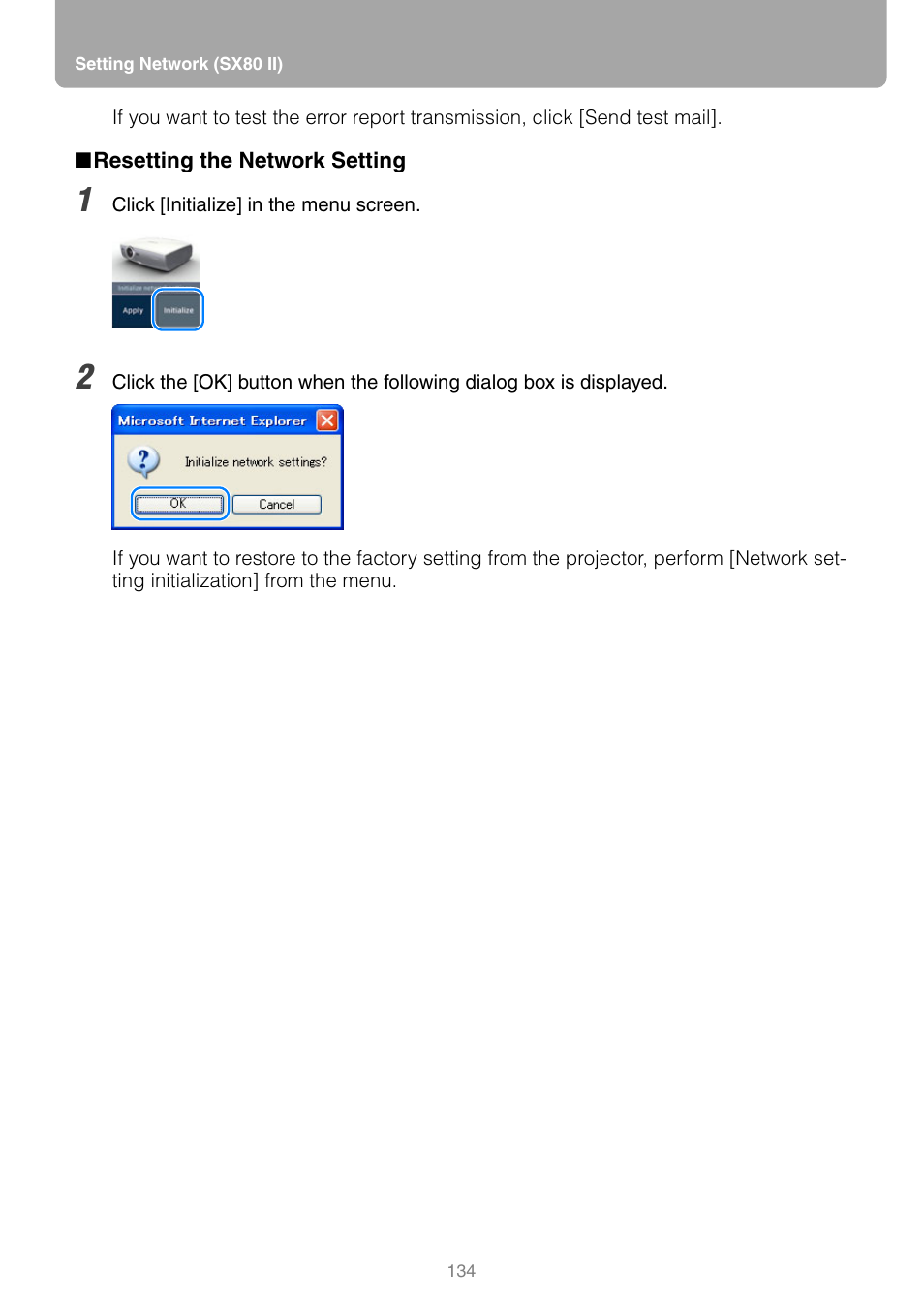 Resetting the network setting, P134 | Canon REALiS SX80 Mark II D User Manual | Page 134 / 168