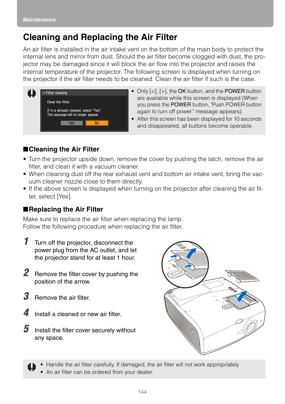 Cleaning and replacing the air filter, Cleaning the air filter, Replacing the air filter | P144 | Canon REALiS SX80 Mark II D User Manual | Page 144 / 168