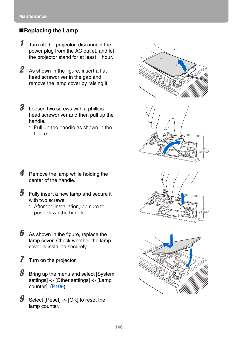 Replacing the lamp, P146, When | Canon REALiS SX80 Mark II D User Manual | Page 146 / 168