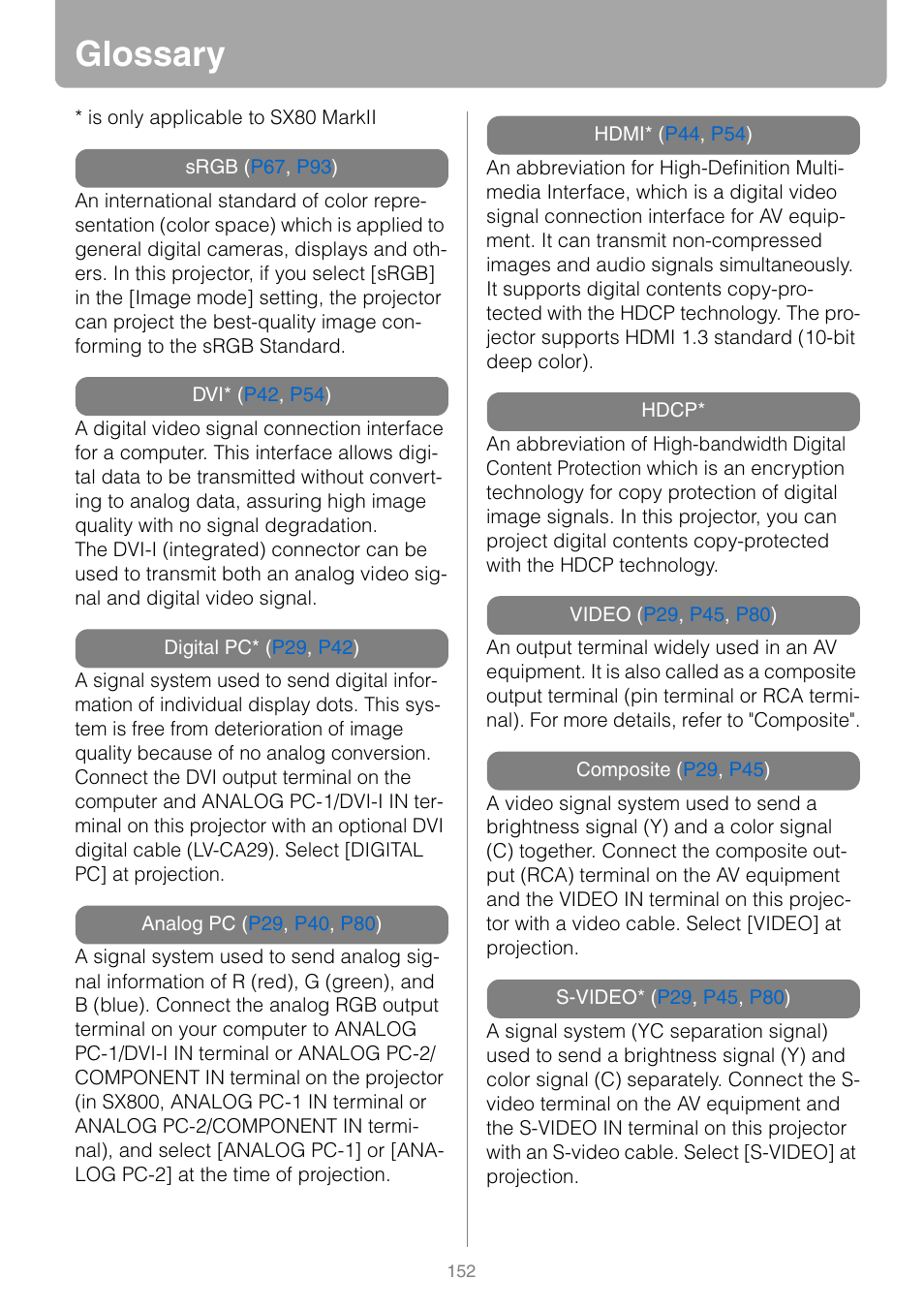 Glossary, P152 | Canon REALiS SX80 Mark II D User Manual | Page 152 / 168