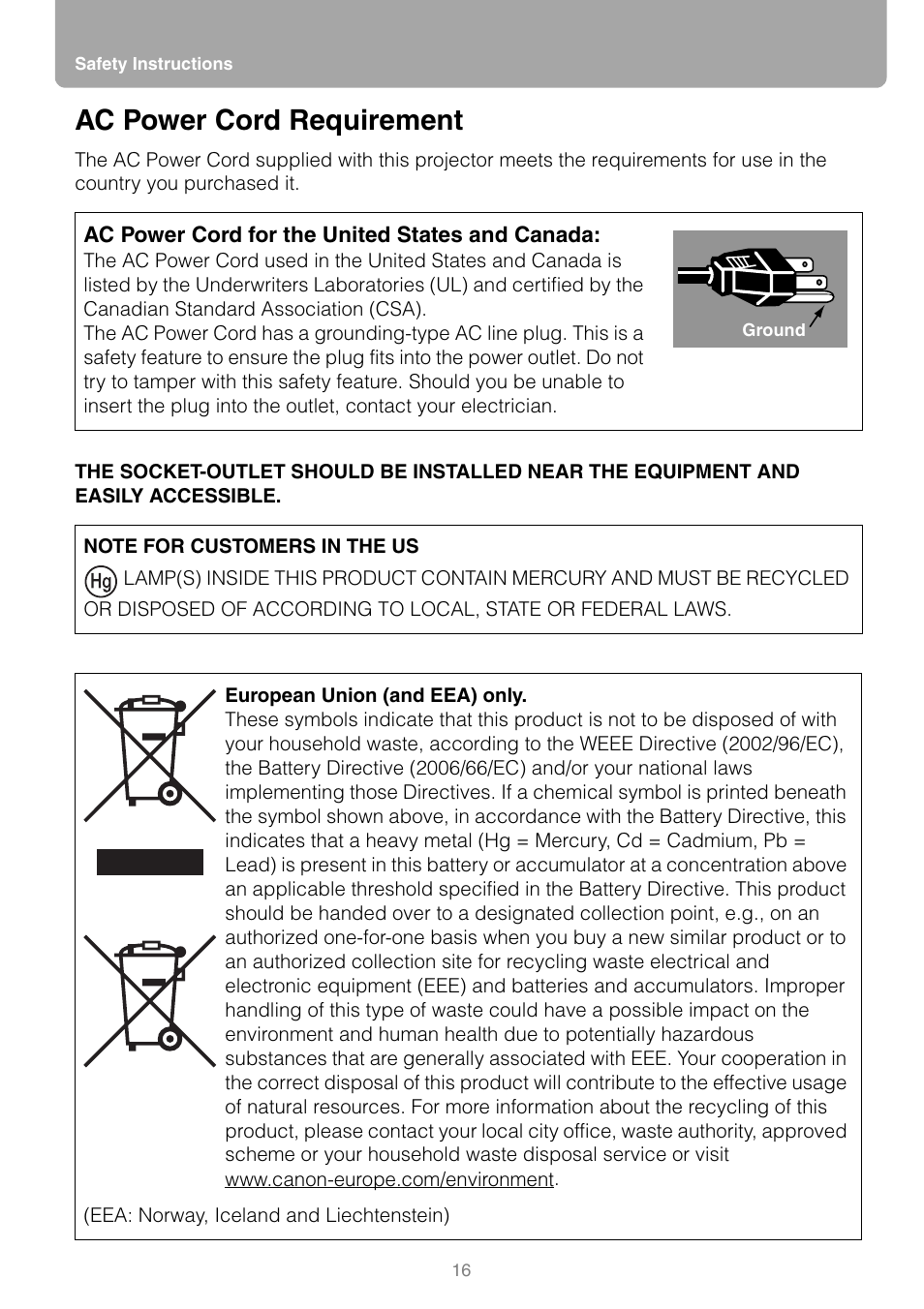 Ac power cord requirement | Canon REALiS SX80 Mark II D User Manual | Page 16 / 168