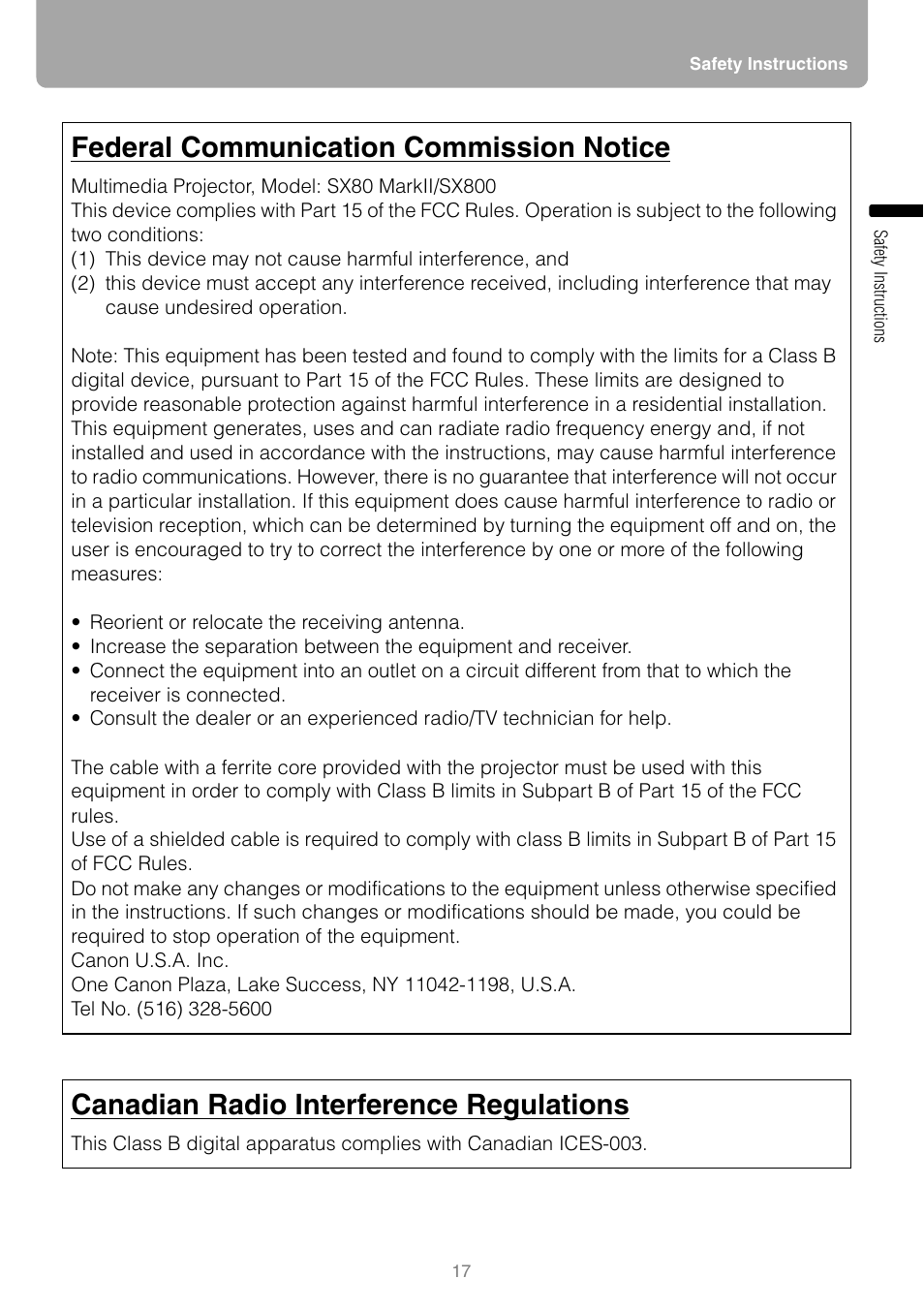 Federal communication commission notice, Canadian radio interference regulations | Canon REALiS SX80 Mark II D User Manual | Page 17 / 168