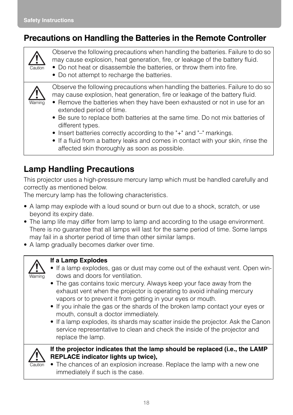 Lamp handling precautions | Canon REALiS SX80 Mark II D User Manual | Page 18 / 168