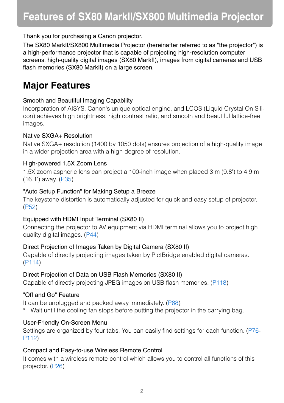 Features of sx80 markii/sx800 multimedia projector, Major features | Canon REALiS SX80 Mark II D User Manual | Page 2 / 168