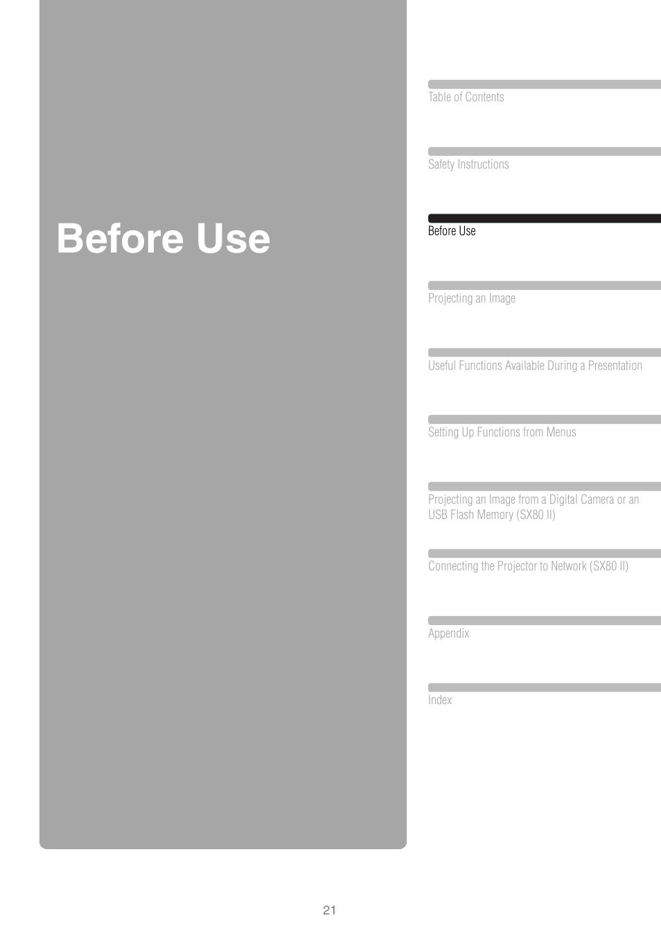 Before use | Canon REALiS SX80 Mark II D User Manual | Page 21 / 168