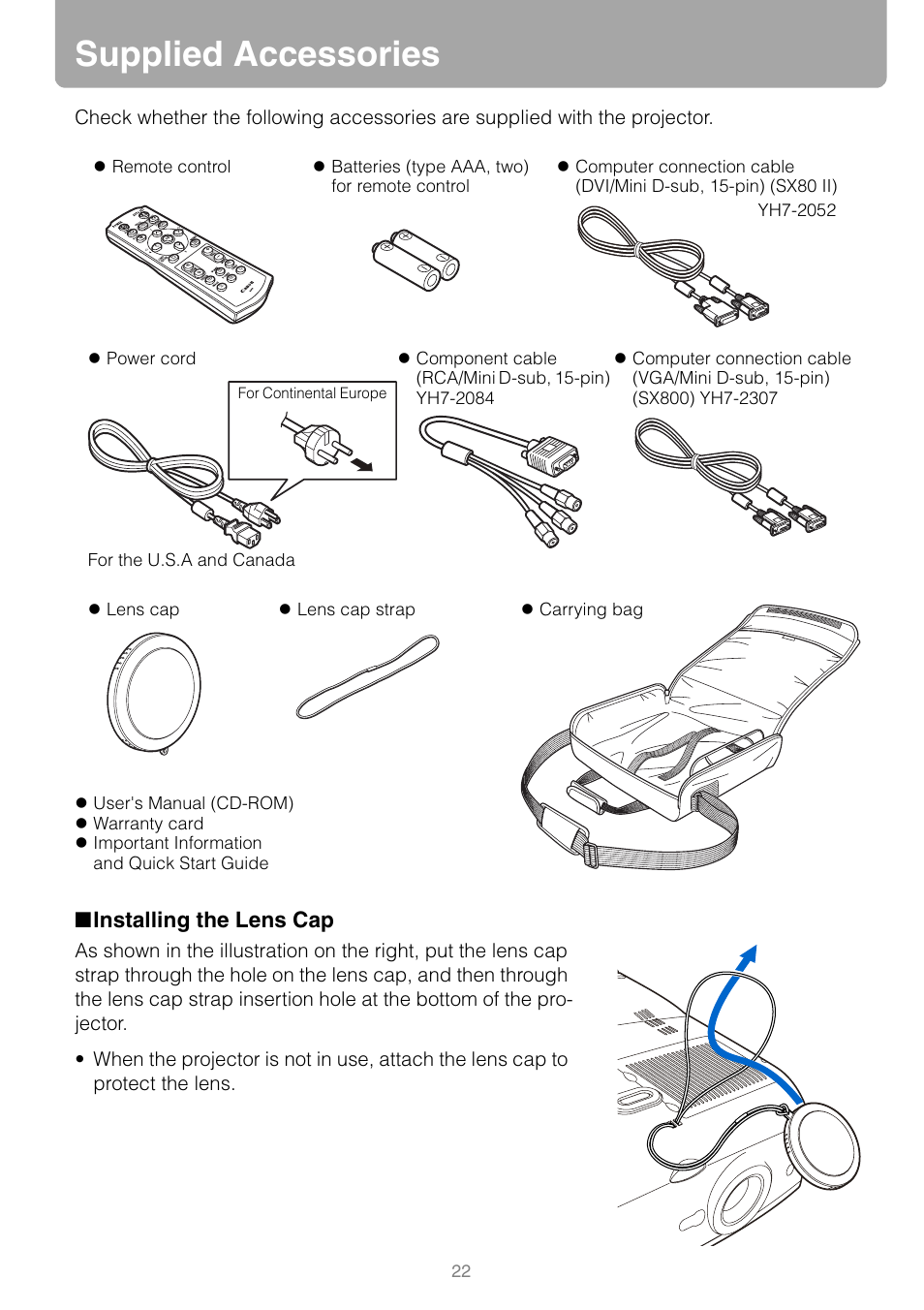 Supplied accessories, Installing the lens cap | Canon REALiS SX80 Mark II D User Manual | Page 22 / 168