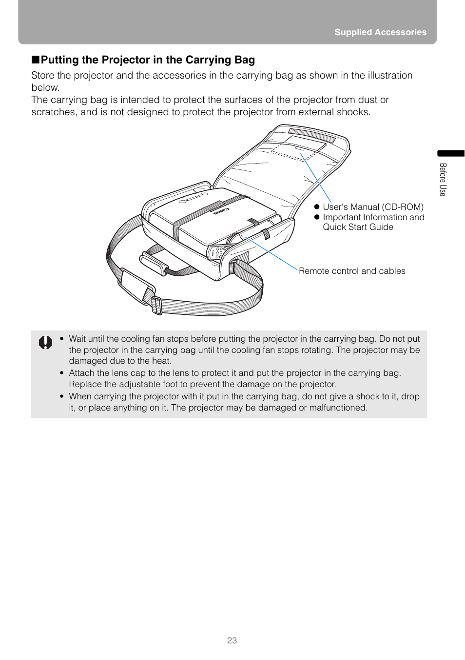 Putting the projector in the carrying bag | Canon REALiS SX80 Mark II D User Manual | Page 23 / 168