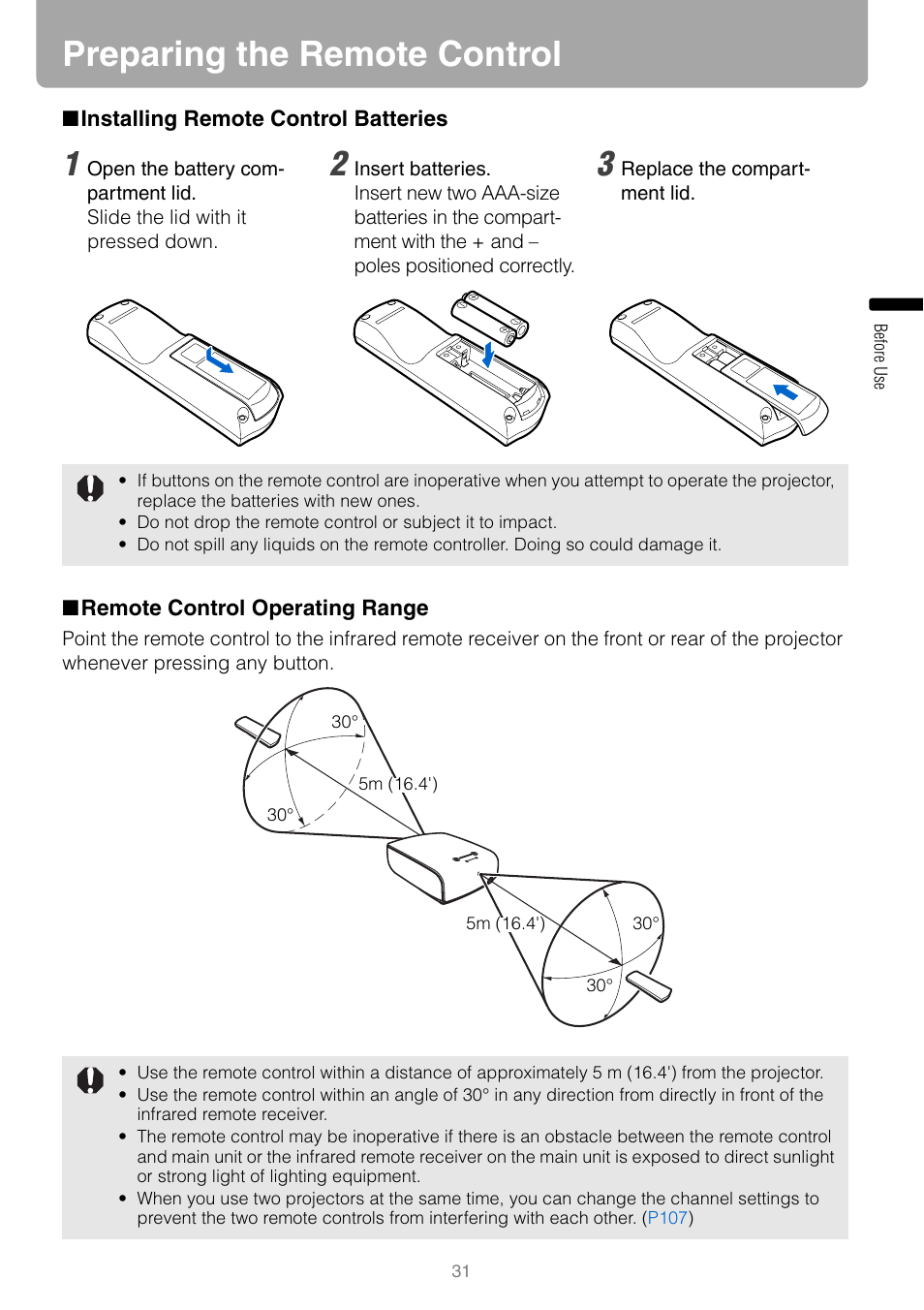 Preparing the remote control, Installing remote control batteries, Remote control operating range | Ceiver | Canon REALiS SX80 Mark II D User Manual | Page 31 / 168