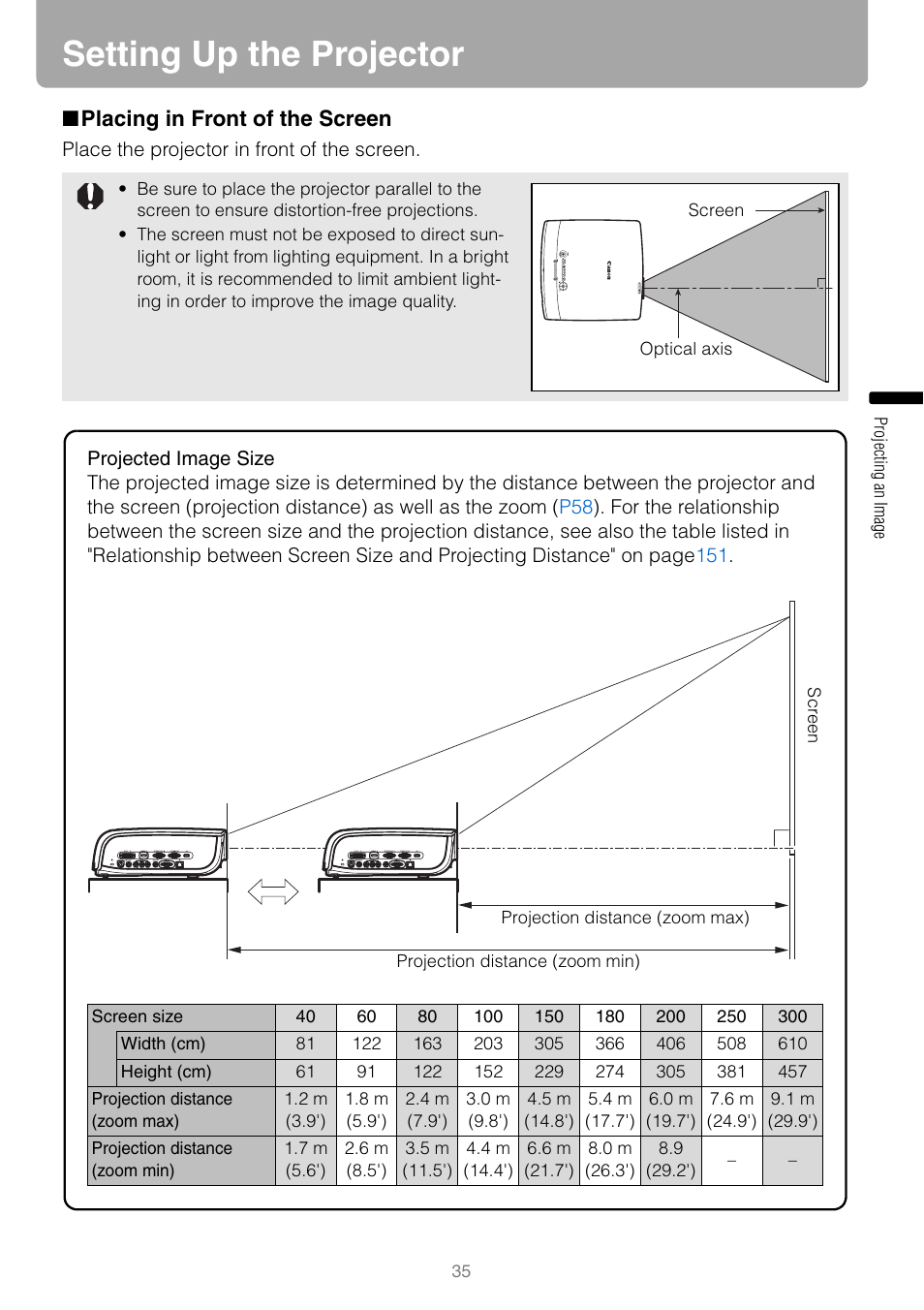 Setting up the projector, Placing in front of the screen | Canon REALiS SX80 Mark II D User Manual | Page 35 / 168
