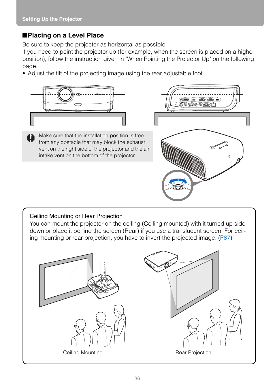 Placing on a level place | Canon REALiS SX80 Mark II D User Manual | Page 36 / 168